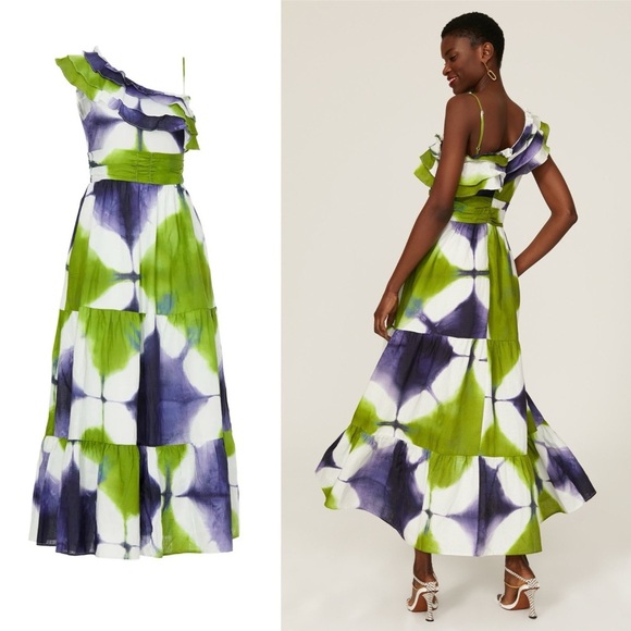 Busayo One Shoulder Ruffle Tie Dye Maxi Purple White and Green Dress - 4 - Picture 1 of 5